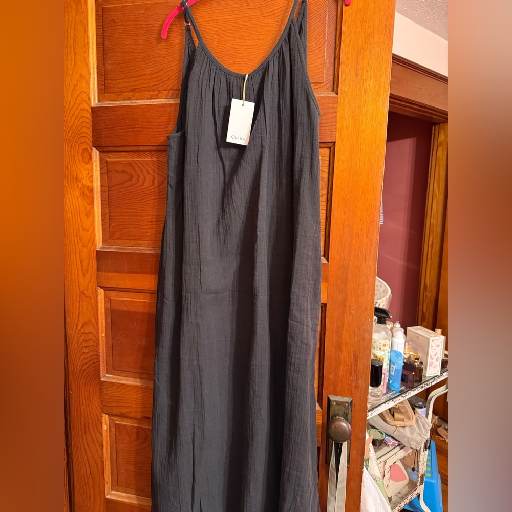 NWT QUINCE organic cotton gauze black maxi dress. Size XL